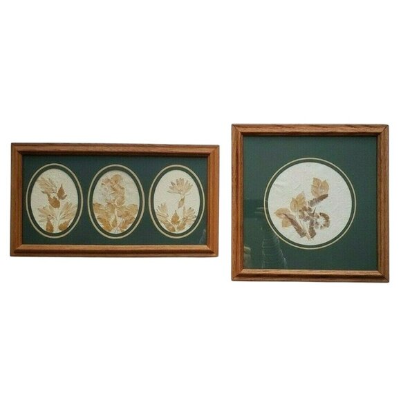 Pair Vtg Oak Framed Pressed Dried Flower Art / Mid Century Botanical Wall Decor - Picture 2 of 5